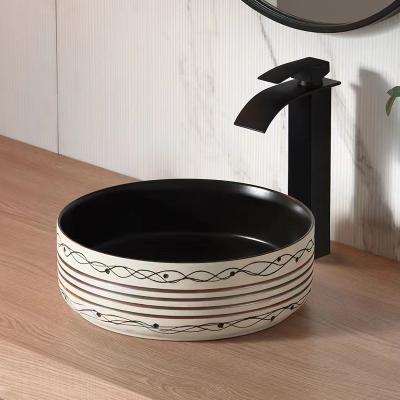 China New Arrival Luxury Hand Painted Line Easy Clean Round Shape Hand Wash Basin Countertops Factory Directly Mounted Ceramic Sink for sale