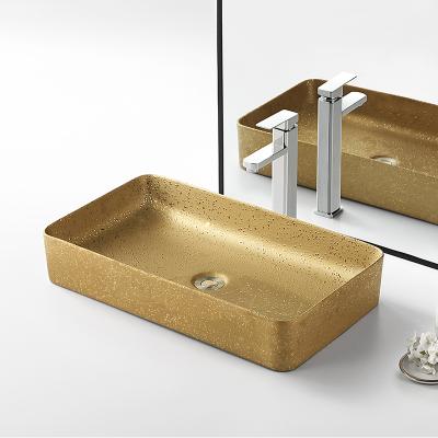 China Viable Luxury Sanitary Ware Art Basin Gold Rectangular Hand Wash Ceramic Countertop Basin Sink For Bathroom Table Top for sale