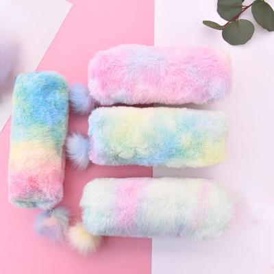 China Cute Fluffy Colored Pencil Bag Pen Bag School Stationery Pouch Zipper Closure Factory Direct Sale Faux Fur Pencil Case for sale