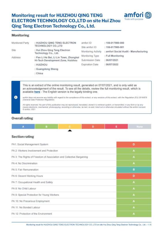 BSCI - Huizhou Qing Teng Electron Technology.,ltd.