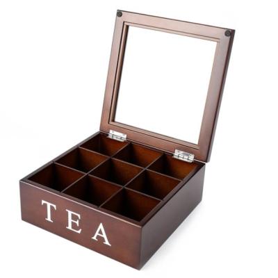 China Recyclable Wooden Tea Coffee Storage Chest Box with 9 Compartments and Glass Window for sale