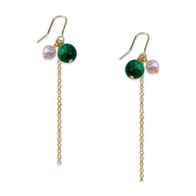 China Romantic Korean Style Handmade 14K Gold Plated Real Natural Freshwater Pearl And Jade Green Tassel Earrings Jewelry Dangle Ear Hooks for sale