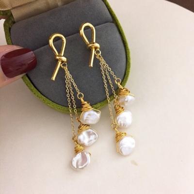 China New Arrival 8~9mm CLASSIC Natural Freshwater Pearl Pendant Earrings Baroque Jewelry 14k Gold Plated Brass Knot Pearl Tassel Earrings for sale