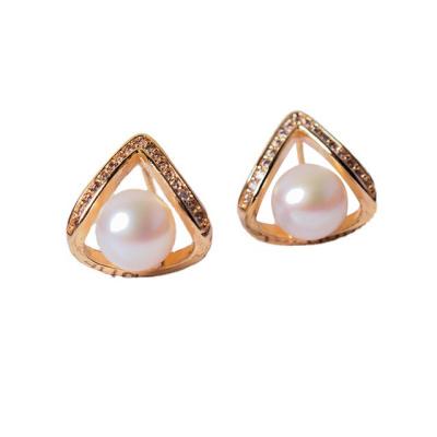 China CLASSIC Simple Fashion 14K Gold Plated Brass Stud Earrings Real Zircon Inlay Pearl Natural Freshwater Pearl Earrings With Silver S925 Needle for sale