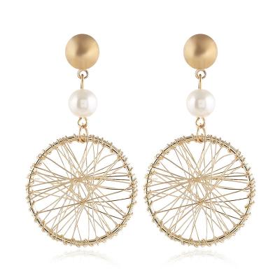 China Cute Big Statement Korean Wheel Shaped Dangling Pearl Round Style Gold Round Pearl Earrings Bead Jewelry Danglers Factory Wholesale for sale