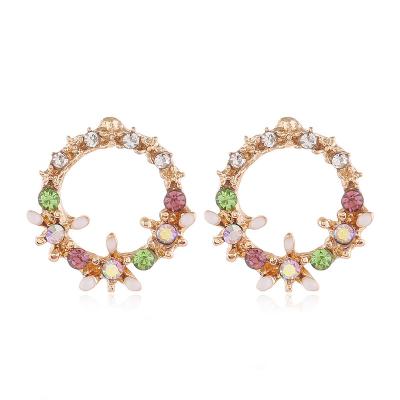 China Trendy Korean Style Fashion Flower Earrings Jewelry Colorful Alloy Inlaid Rhinestone Circle Shaped Spur Earrings Women for sale