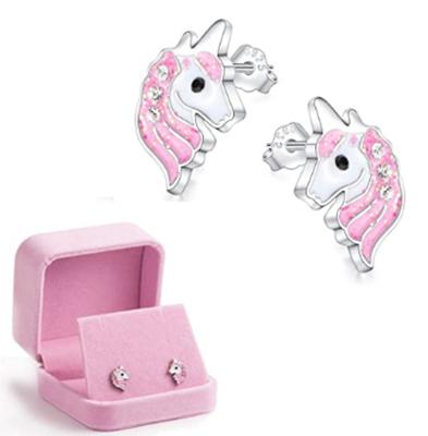 China Wholesale 925 Cute Light Pink Silver Shiny Unicorn Zircon Hypoallergenic Stud Earrings for sale