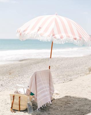 China Modern chic pink and white print stripe tassel and cute - sturdy, premium steel poles - easy to use and carry, UPF 50+ tassel sunshade for sale