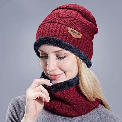 China COMMON Warm Fleece Beanie Hat Scarf Set Winter Fleece Striped Skull Hat And Scarf For Men Women for sale