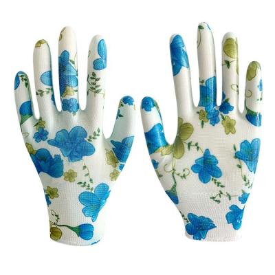 China Durable 13 Gauge Polyester Coating Lady Nitrile Dipped Work Safety Glove Garden Glove for sale