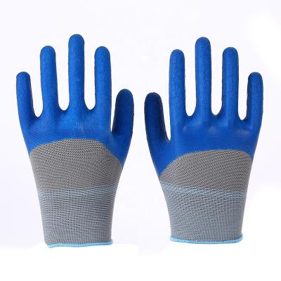 China Blue Wrinkle Safety Guantes Wear Resistant Rubber Construction Gloves Latex Wrinkle Working Nylon Dipped Gloves for sale