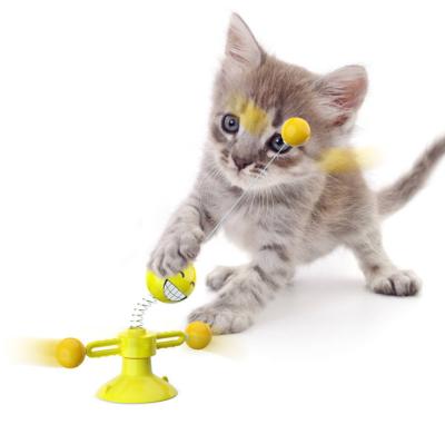 China Amazon Viable Hot Selling Plastic Yellow Interactive Ball and Feather Spring Chuck Cat Toy Windmill Windmill Puzzle Cat Toys for sale