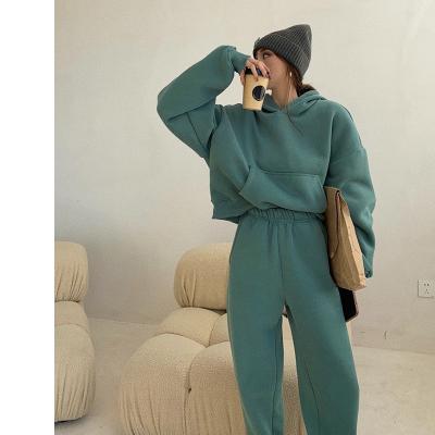 China 2021 Custom Made Ladies Breathable Casual Loose Autumn Winter Logo Cotton Fleece Hoodie And Sports Tracksuit Set Suits For Women for sale