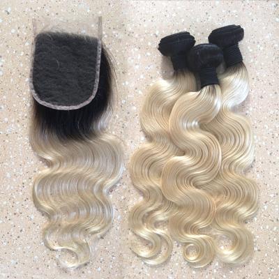 China Bleached Knots Fast Shipping Wholesale Roots Black Ombre Blonde Virgin Brazilian Hair Weave Bundles T1B613 With Lace Closure for sale