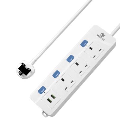 China Residential/Multi-Purpose UK Plug Power Band 2 USB 3 Ports Outlet Flat Wall Mount Charging Station 2M Cord Extension Socket for sale