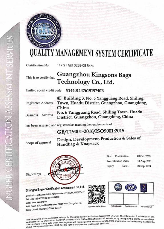 ISO9001 - Guangzhou Kingsons Bags Technology Co., Ltd.