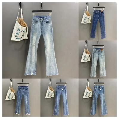 China Breathable Straight Leg Jeans for Women Stretchy Distressed Boyfriend Denim Pants Button Fly Ripped Jeans for sale