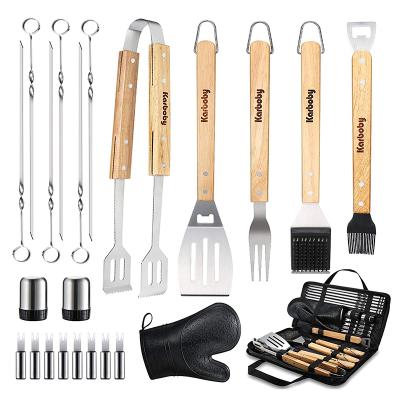 China Non-Stick BBQ Tool Kit Outdoor Grill Accessories Handle BBQ Utensils Skewers Tongs Shovel Wooden Brush Glove for sale