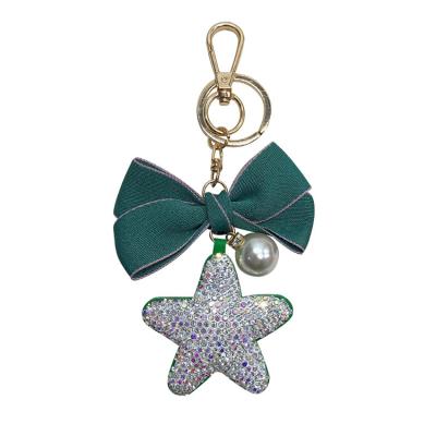 China Luxury High Quality Plastic Pave Diamond Five Star Love Heart Pentagon Key Chain Pendant Key Ring With Bow for sale