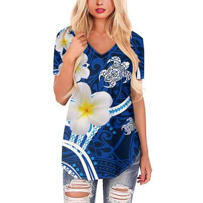 China High Quality QUICK DRY Plumeria Turtle Pattern Hawaiian Polynesian Women Short Sleeve Casual Plus Size Summer Lady V-neck T-shirts Tops for sale