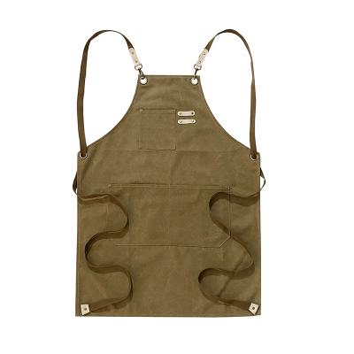 China Canvas Custom Design High Quality Brown Cotton Bartender Bib Canvas Tool Apron With Front Pockets for sale