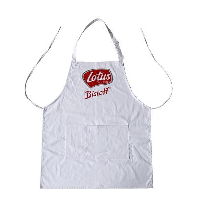 China Custom 100% Cotton Brand Logo Adjustable White Twill Food Shop Apron Cafe Bib With Front Pockets for sale