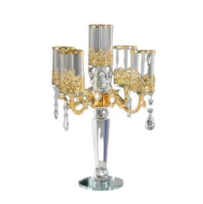 China Design antique imitation luxury people open five heads gold crystal candleabras for wedding for sale