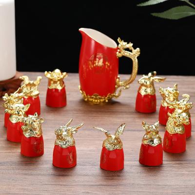 China Novel 12 Viable Zodiac Ceramic Retro Design Gift Alloy Crystal Glass Wine Set for sale