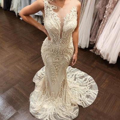 China Anti-Static Luxurious Wedding Dresses Mermaid Bridal Lace Beads Vintage Beaded Wedding Dresses for sale