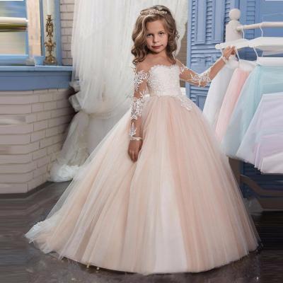 China Hotsale Breathable Kids Pink Lace Appliques New Design Illusion Field Train Baby Dress WF031 for sale