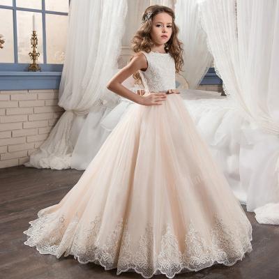 China Breathable Elegant Boat Neck Appliques Bow Sash Field Train Sequined Girl Wedding Dress WF121 for sale