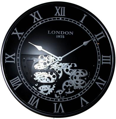 China Vintage Antique Hot Direct Moving Black Wall Clock Gear Metal Factory Sale Style Roman Numeral for sale