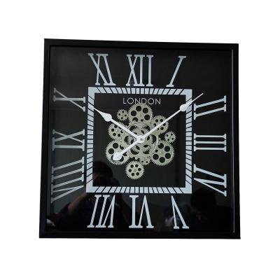 China Antique Style China Factory TOOTH Clock The Big Gears Moving Roman Numerals Square Black Wall Home Decor for sale