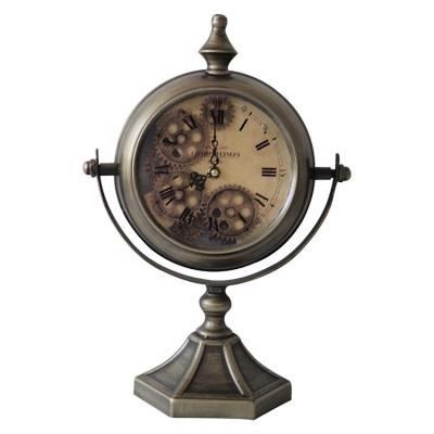 China Vintage Antique Style Round Style Wooden Glass Table Clock With Moving Gears For Sale for sale