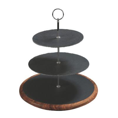 China Sustainable 3 Tier Nordic Retro Vintage Rustic Wooden Black Slate Sushi Plate Dessert Wedding Cup Cake Stand for sale