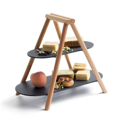 China 2 Tier Sustainable Slate Wooden Cake Stand For Wedding for sale