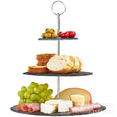 China Viable European dessert table ornaments wedding display rack dim sum cake tray double gold edge SLATE cake stand. for sale