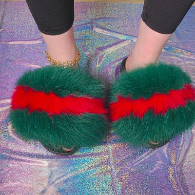 China 2021 Anti-slip Fashion Fuzzy Fluffy Beach Summer Outdoor Raccoon Real Fur Fox Slippers For Women for sale