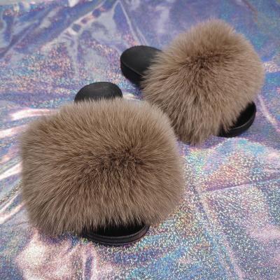 China CUSHIONING 2021 Designer Custom Real Slides Spring Summer Fuzzy Slippers Open Toe Fox Fur Slides for sale