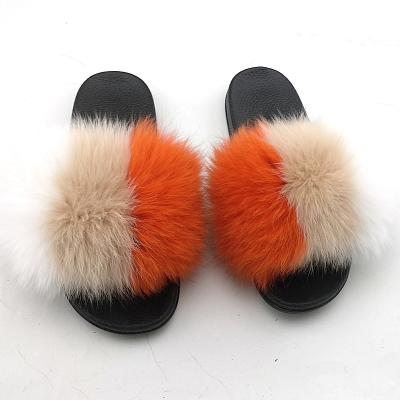 China 2021 Beach Wholesale Premium Soft Fluffy Women Summer Real Raccoon Fox Fur Anti-skid Slides for sale