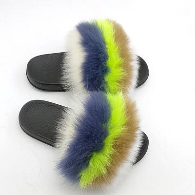 China 2021 Luxury Matching New Design Mink Fluff Fox Raccoon Fur Slides Summer Anti-skid Beach For Women for sale