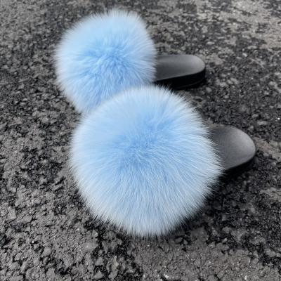 China Seller Anti-slip Women's Fashion Raccoon Shoes Logo Color Fox Fluffy Fur Soft Natural Fur Slides Custom Wholesale Women Slippers Sandals for sale