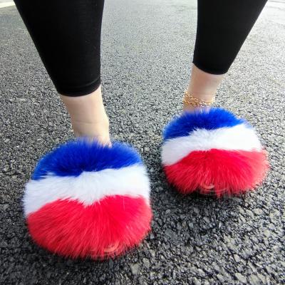 China Anti-Slip USA Wholesale Furry Fluffy Fox Raccoon Mink Fur Slides Vendors Sandals And Fur Slippers For Women for sale