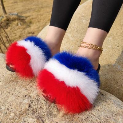 China China Manufacture High Quality Anti-Slip Slides Fur Slides Women Raccoon Fur Slipper Rainbow Sandals Hairy Fur Slides for sale