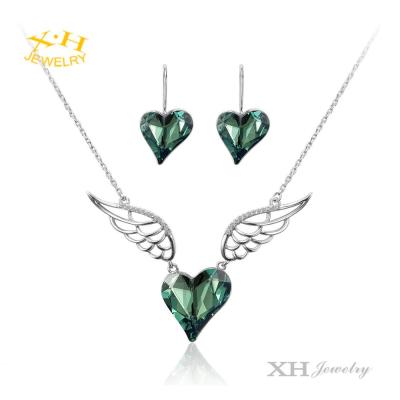 China Trendy Fashion Jewelry Set Green Heart Shape Austria Crystal Angel Wings Necklace And Earrings For Women Girls Valentine Gift for sale