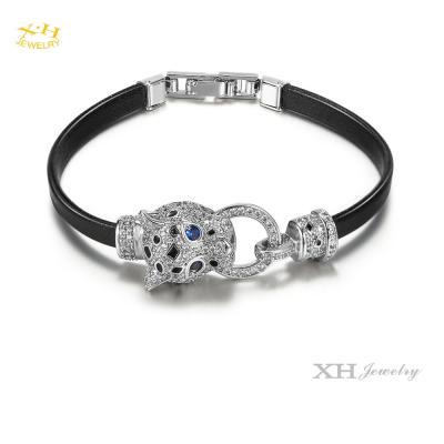 China Leopard Trendy Jewelry Fashion Clasp Brass Bracelet With PU Rhodium Leather Plating for sale