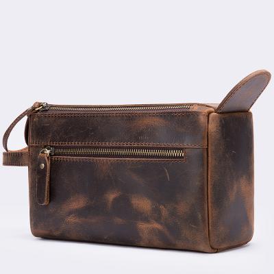 China Stylish Antique Vintage Mens Travel Bathroom Shaving Kits Hanging Crazy Horse Leather Toiletry Bags for sale