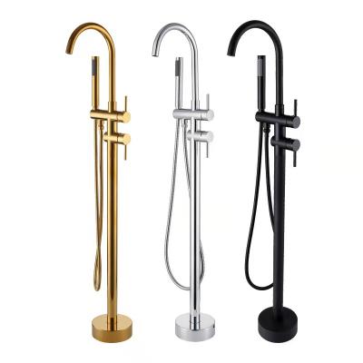 China Hot Selling Luxury Brushed Freestanding Tub Faucet Full Brass Bathtub Mixer Tap Gold Finish Hotel 5 Star Standard Slide Bar Freestanding Tub Faucets for sale