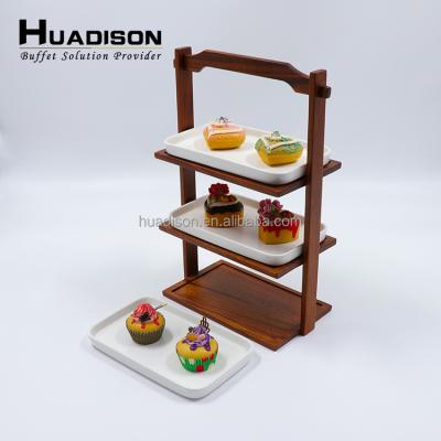 China Huadison Best Viable Selling Wooden 3 Tier Cake Stand Dessert Stand Tea Cupcake Stand With Ceramic Dishes for sale