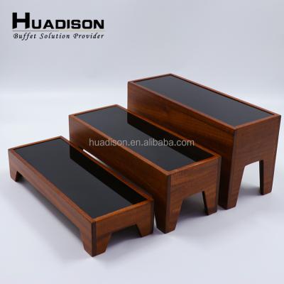 China Huadison Dubai 3 Tier Rustic Wooden Cake Stand Wedding Hotel High Quality Sustainable Wooden Cake Stand With Detachable Black Acrylic Tips for sale